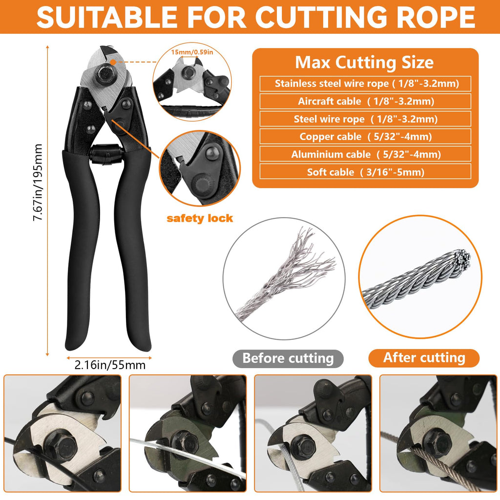 TooTaci 1/8 Stainless Steel Cable Kit, 150ft 1/8 Wire Rope with Crimping Tool & Cutter, Turnbuckle Wire Tensioner Kit, 7×7 Strands Aircraft Cable for Deck Railing, String Light Hanging, Curtain