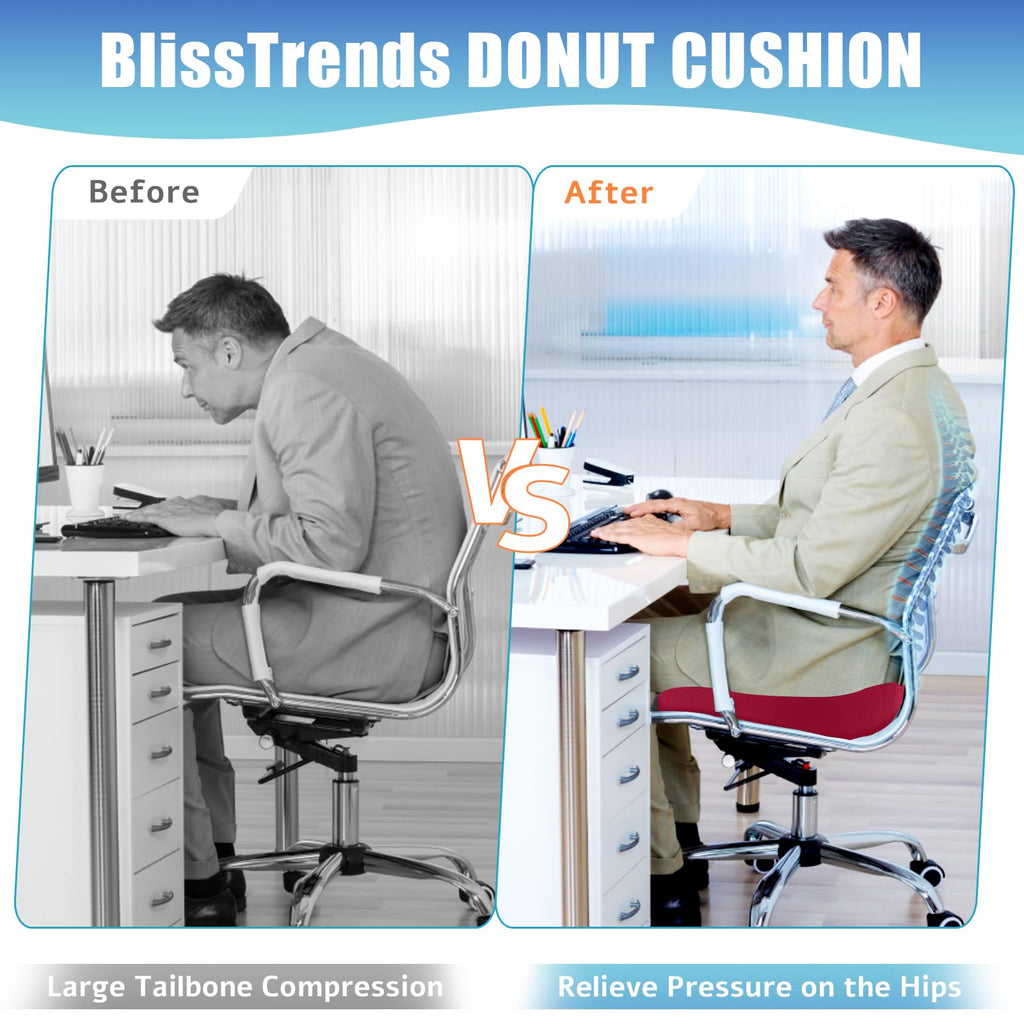 BlissTrends Donut Pillow Seat Cushion,Donut Chair Cushions for Postpartum Pregnancy & Hemorrhoids,Tailbone Pain Relief Cushion,Memory Foam Lifting Cushions for Office&Home Chairs (Red)