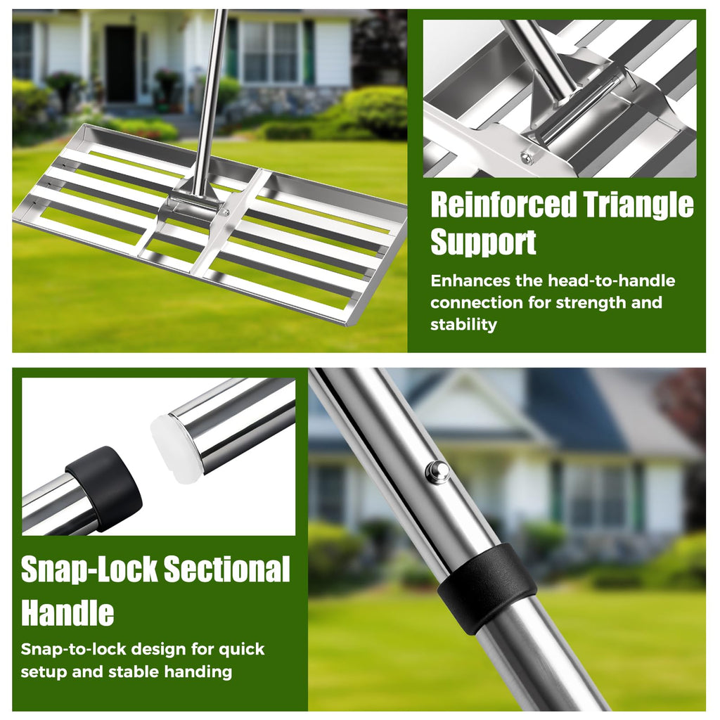 30" x 10" Lawn Leveling Rake, 304 Stainless Steel Soil or Dirt Leveler Tool
