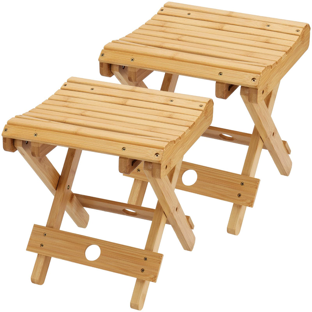 SINJEUN 2 Pack 12 Inch Natural Bamboo Folding Bench Seat Stool Bench for Bathroom, Spa, Sauna, Wooden Seat, Shower Bench Stool, Easy Assembled