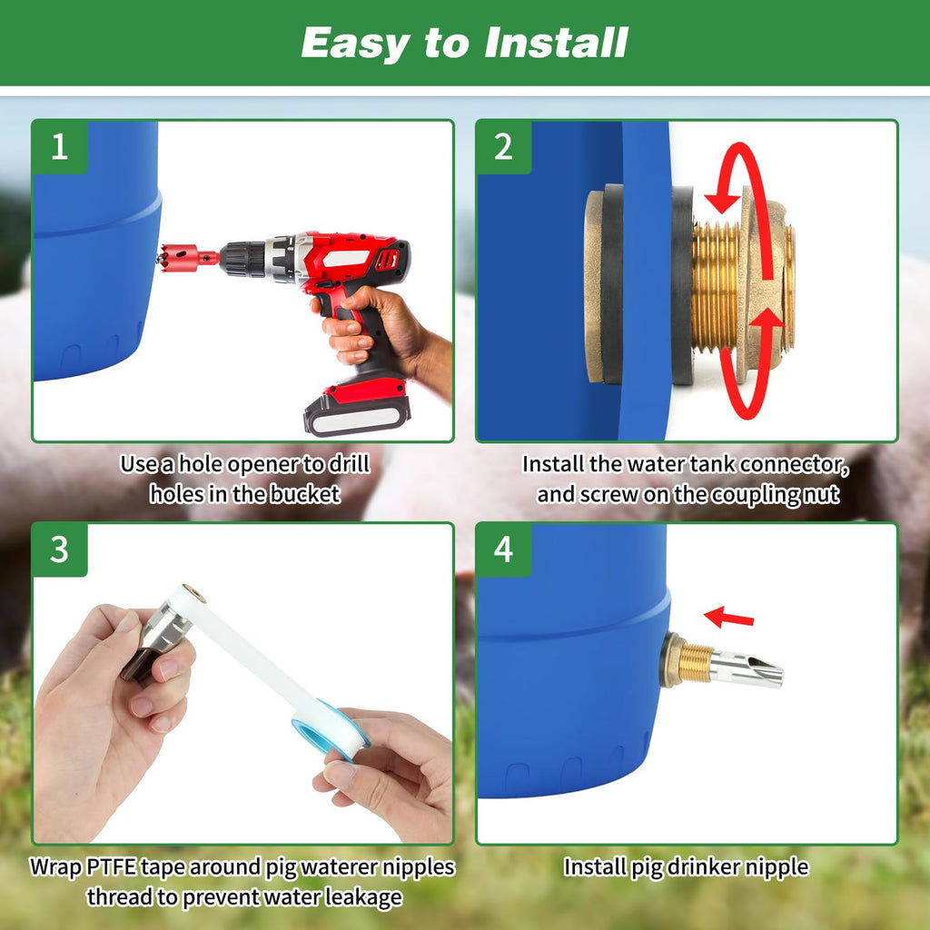 Lonepetu 4 Pcs Pig Waterer Nipples for Barrel Kit, Stainless Steel Hog Waterer Nipples Automatic Pig Nipple Water Drinker Feeder Water System with Brass Tank Connector Kit for Piglets Goat
