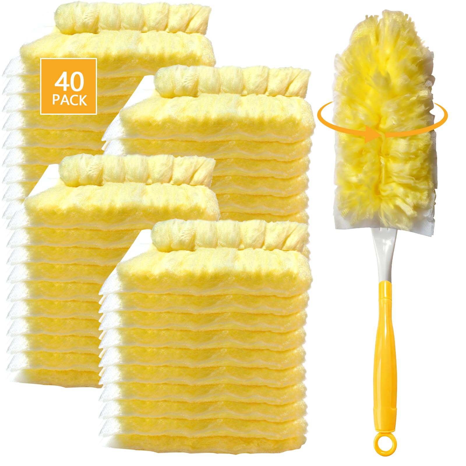 WAWINY 40 Pack Duster Refills Kit Fit for Swiffer Duster Handle,360° Deep Cleaner Heavy Duty Replacement with 1 Handle(Yellow)