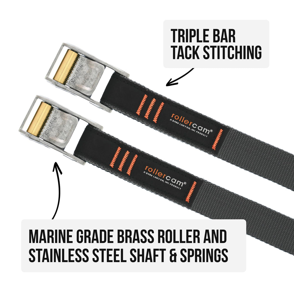Rollercam 0.75” Tiedown Straps with Rollercam Buckle - Cam Strap Polypropylene Webbing with Triple-Bar Tack Stitching – Outdoor Gear Heavy-Duty Lashing Straps, 95 lb Load, Straight End, 2 Pack, 3 Foot