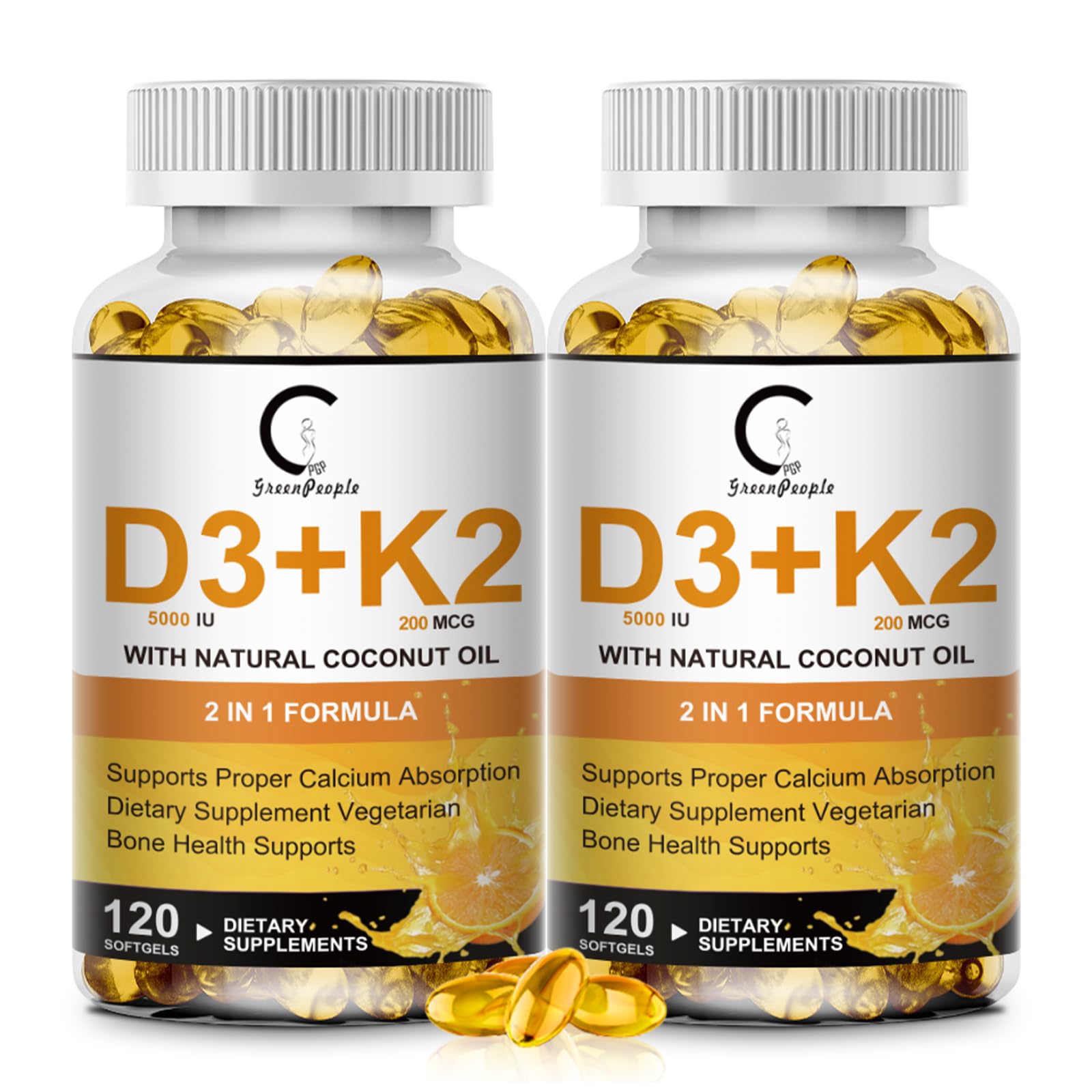 Vitamin D3 K2 Supplement with Vitamin D3 5000 IU, 200 mcg Vitamin K2 MK-7 & Natural Coconut Oil, Plant Based 2-1 Formula for Bone, Teeth, Muscle and Immune Health Support (120 Count (Pack of 2))