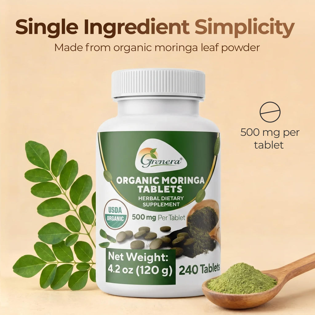 Grenera Organic Moringa Tablets | USDA Organic, 500mg Per Tablet | Uncoated Herbal Supplement, Single Ingredient Moringa Leaf Powder | Lab Tested Quality, Vegan & Kosher Certified | 240 Count