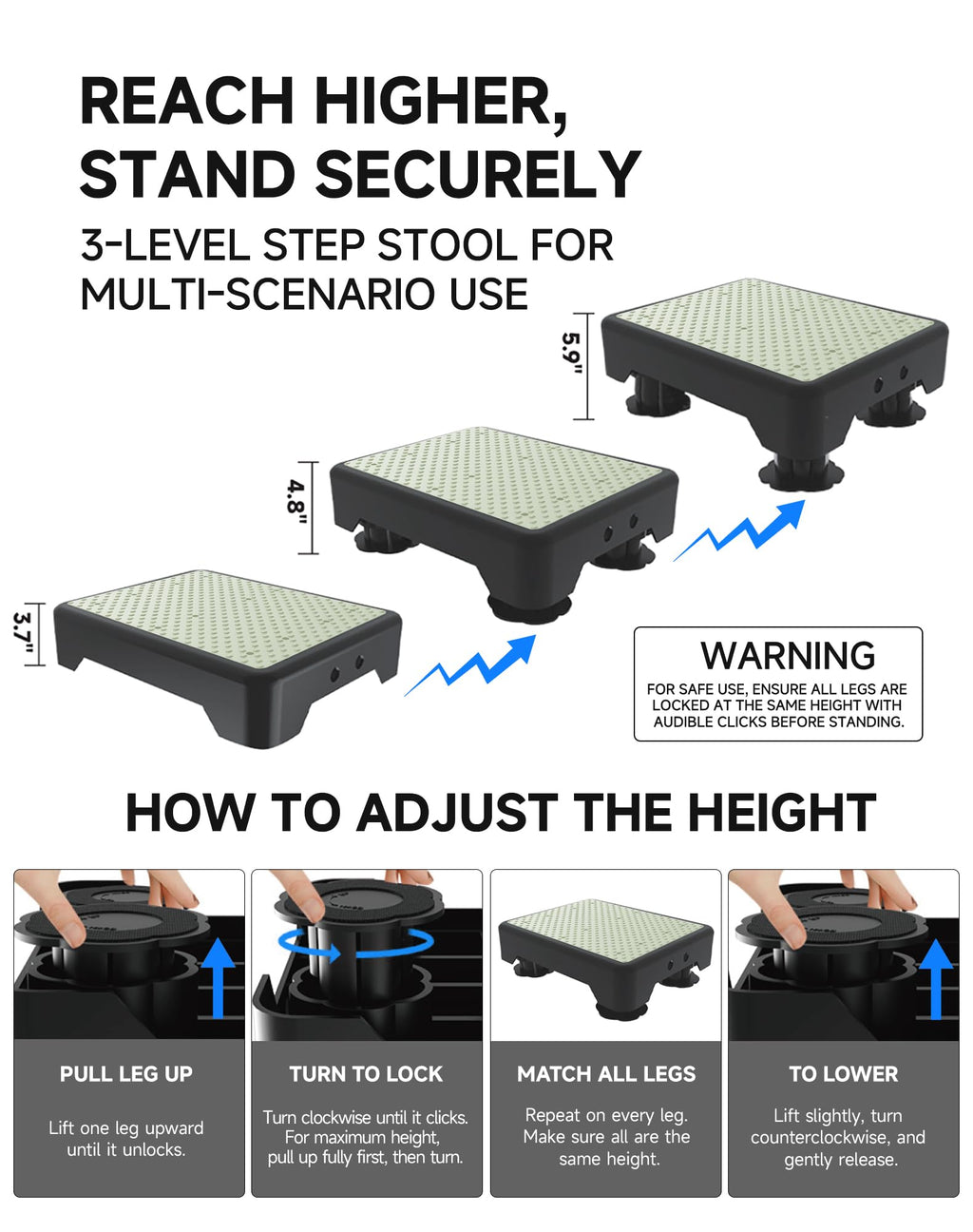 LIFTOZA Adjustable Step Stool for Adults, Noctilucent Bed Step Stools, 600 LBS Capacity Safety Step Platform, Indoor and Outdoor Steps for Seniors, Non-Slip Stepping Stool Elderly Assistance at Night