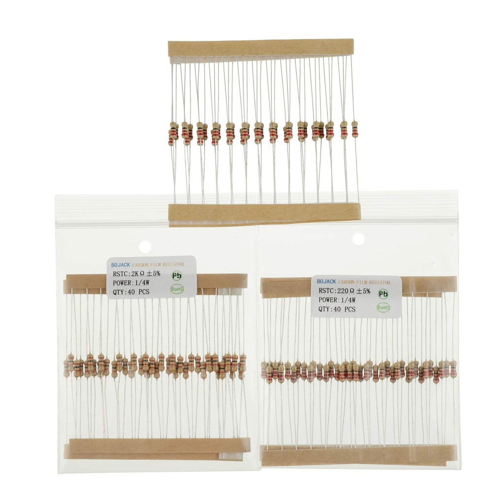 BOJACK 1000 Pcs 25 Values Resistor Kit 1 Ohm-1M Ohm with 5% 1/4W Carbon Film Resistors Assortment