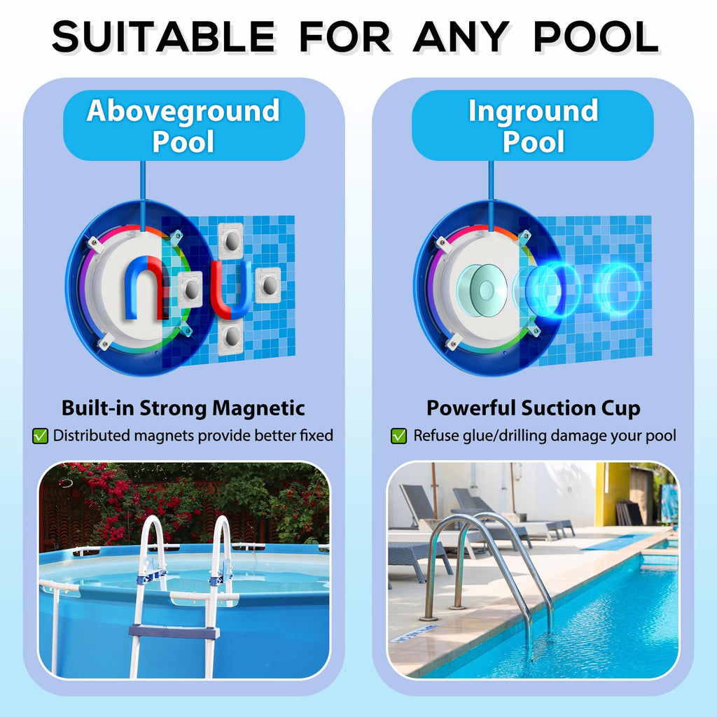Above Ground Pool Lights with APP Control 20W RGB Dimmable LED Pool Lights with Suction Cups and Built-in Magnets 12V Underwater Pool Light for Above ground Inground Pools IP68 Waterproof 28FT Cord W
