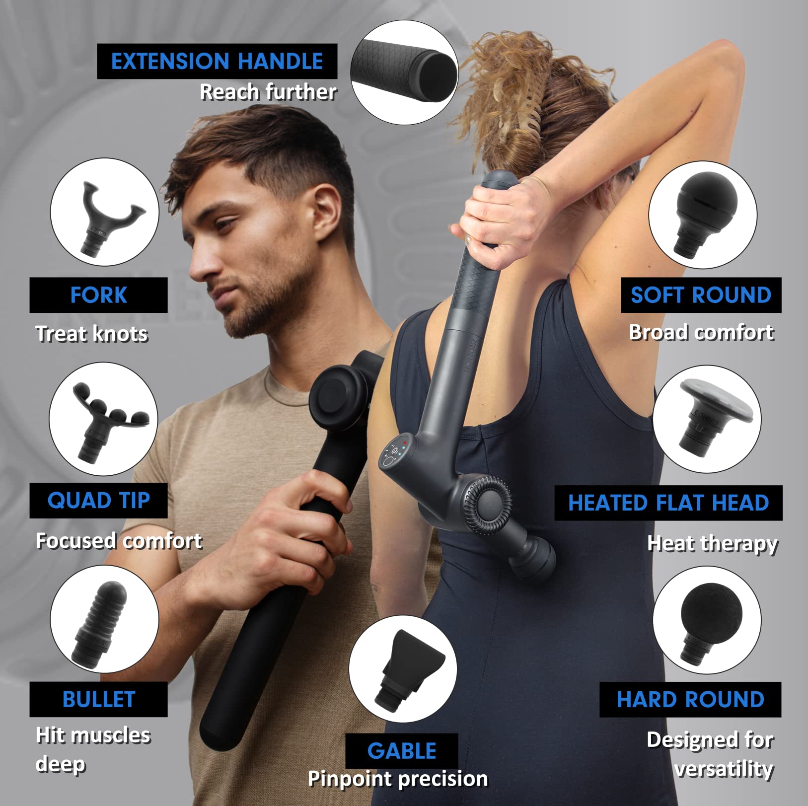 BONDIR R2 PRO Massage Gun - Articulating Deep Tissue Back Massager with Extension Handle and 7X Heads Including Heated Attachment