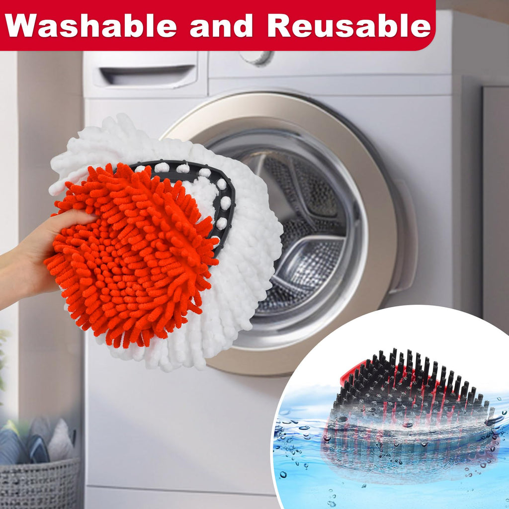 Hezane Mop Heads Replacement Compatible with O-Cedar EasyWring 1-Tank System, Includes 2 Microfiber + 2 Chenille Refills + 1 Scrub Brush + 1 Spin Mop Base for Hard Floor Cleaning