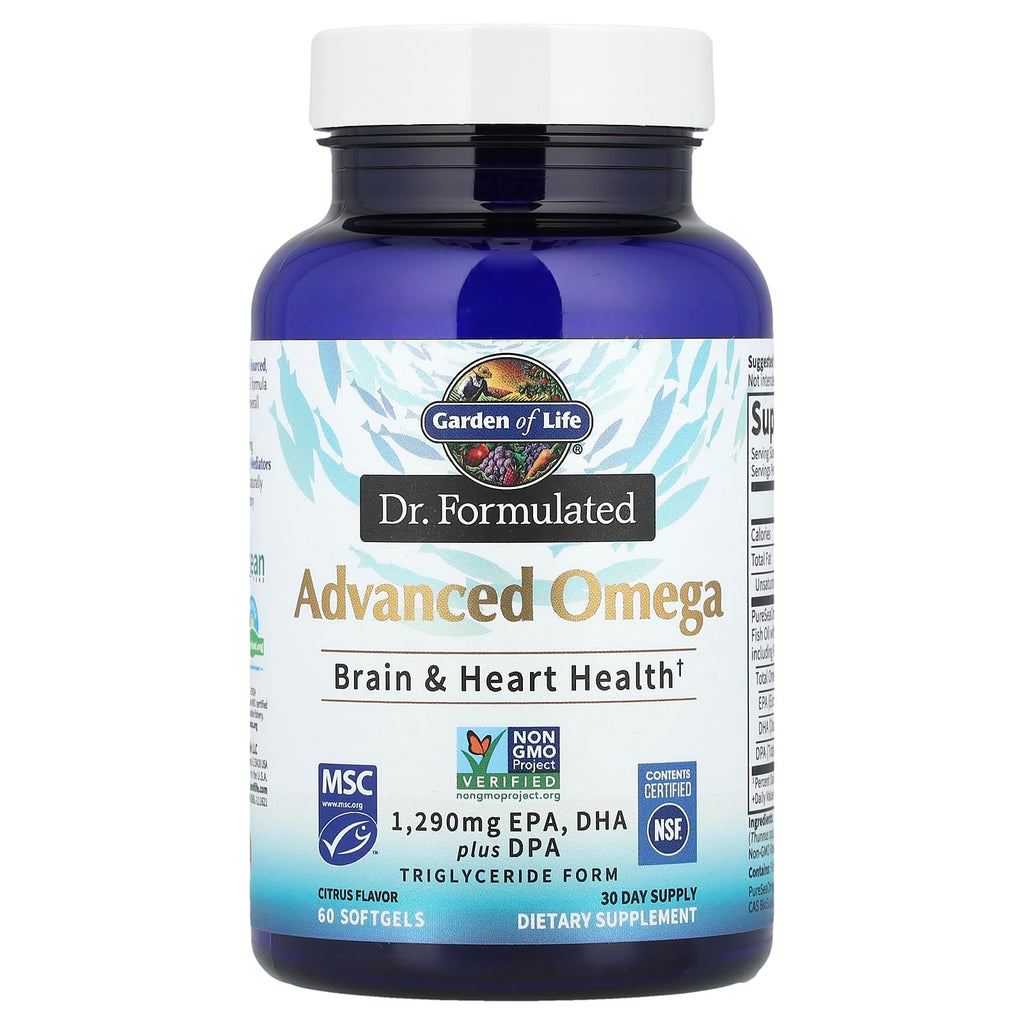 Garden of Life Dr. Formulated Advanced Omega Fish Oil - Lemon, 1,290mg EPA, DHA + DPA in Triglyceride Form, Single Source Omega 3 Supplement for Ultimate Brain & Heart Health, Non-GMO, 60 Softgels