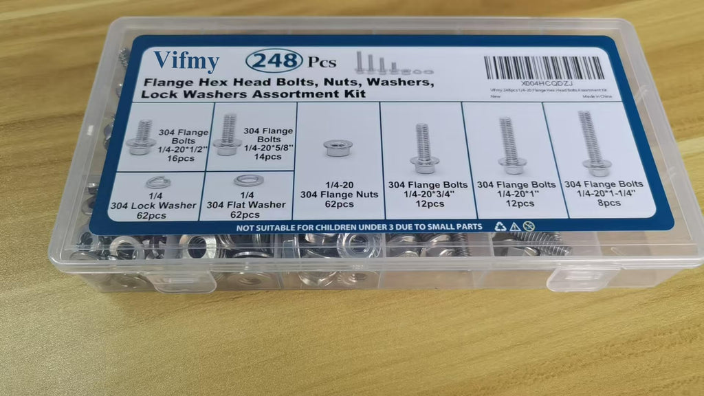 Vifmy 1/4-20 Bolt x (Length 3/4", 1", 1-1/4") 304 Stainless Steel Flange Head Bolts Assortment Kit (248 Pack) with 1/4 20 Bolt, Serrated Flange Nuts, Washers, Full Thread