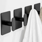pickpiff Adhesive Towel Hooks for Bathroom: 20LB Extra Strong Wall Hanger for Shower Kitchen RV Dorm Apartment, Black 4 Pack