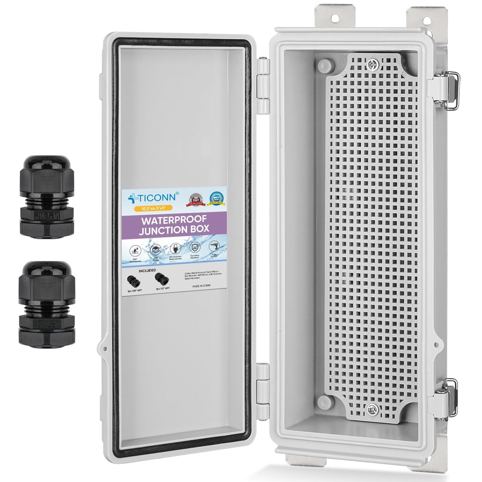TICONN Outdoor Electrical Box Waterproof, Junction Box IP67 ABS Plastic Enclosure with Hinged Cover with Mounting Plate, Wall Brackets, Cable Glands (Off-White, 10.2"x4.3"x3.0")