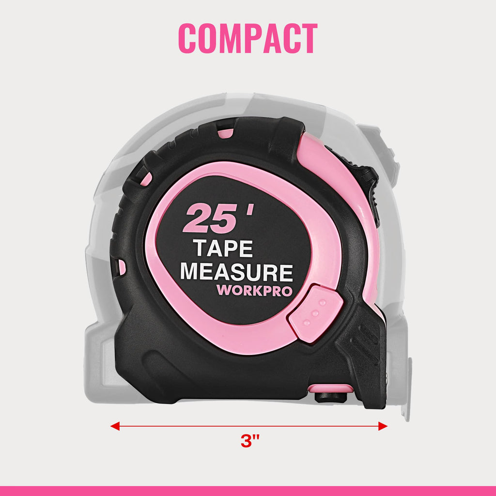 WORKPRO 25-FT Tape Measure with Fractions, 3 Brakes Retractable Measuring Tape, Compact Measurement Tape with Magnetic Hook, Nylon Coating Blade Accuracy 1/32”, Pink