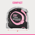 WORKPRO 25-FT Tape Measure with Fractions, 3 Brakes Retractable Measuring Tape, Compact Measurement Tape with Magnetic Hook, Nylon Coating Blade Accuracy 1/32”, Pink