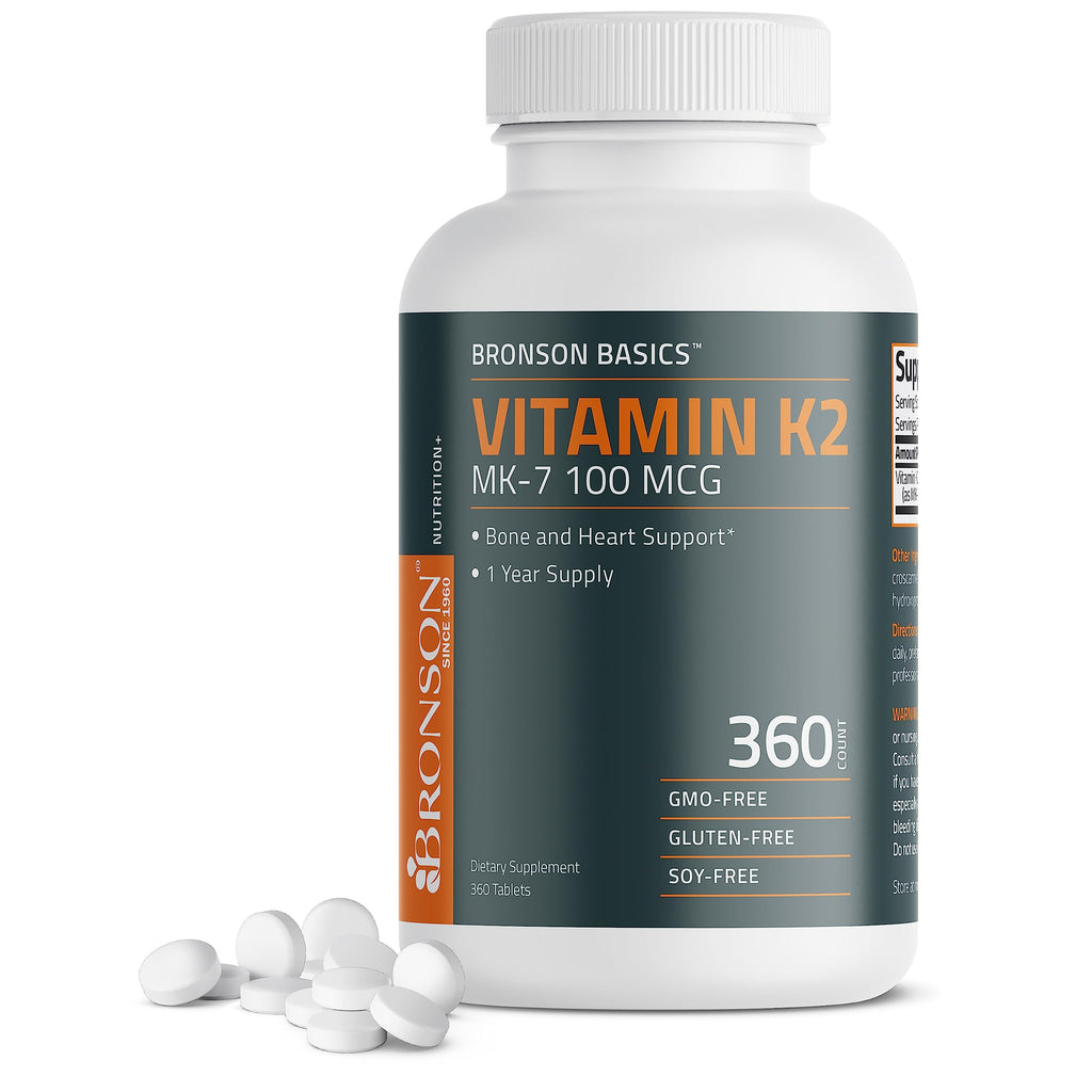 Bronson Vitamin K2 MK-7 100 MCG, K2 as MK7 Menaquinone, Bone Support 1 Year Supply, 360 Tablets