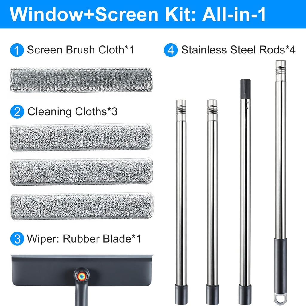 Purexa 3-in-1 Window Squeegee for Home - 60" Window Cleaning Kit with 3 Microfiber Cloths & Screen Brush, All-in-1 Cleaner Tool for Outdoor Windows, Glass Door & Screens, Lightweight & Easy Storage