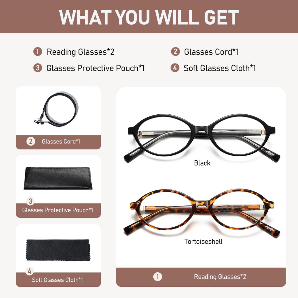 PUBOWT Oval Reading Glasses for Women Men Blue Light Blocking Computer Readers Retro Fashion Small Frame Trendy Vintage Vintage Eyewear PT2009 2Pack Black Demi +1.5 x Strength