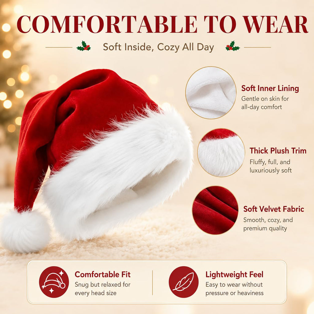 AOGU 6 Pack Plush Santa Hat Confortable Velvet Red Christmas Hat for Christmas Party Favors Fit for Adults and Kids