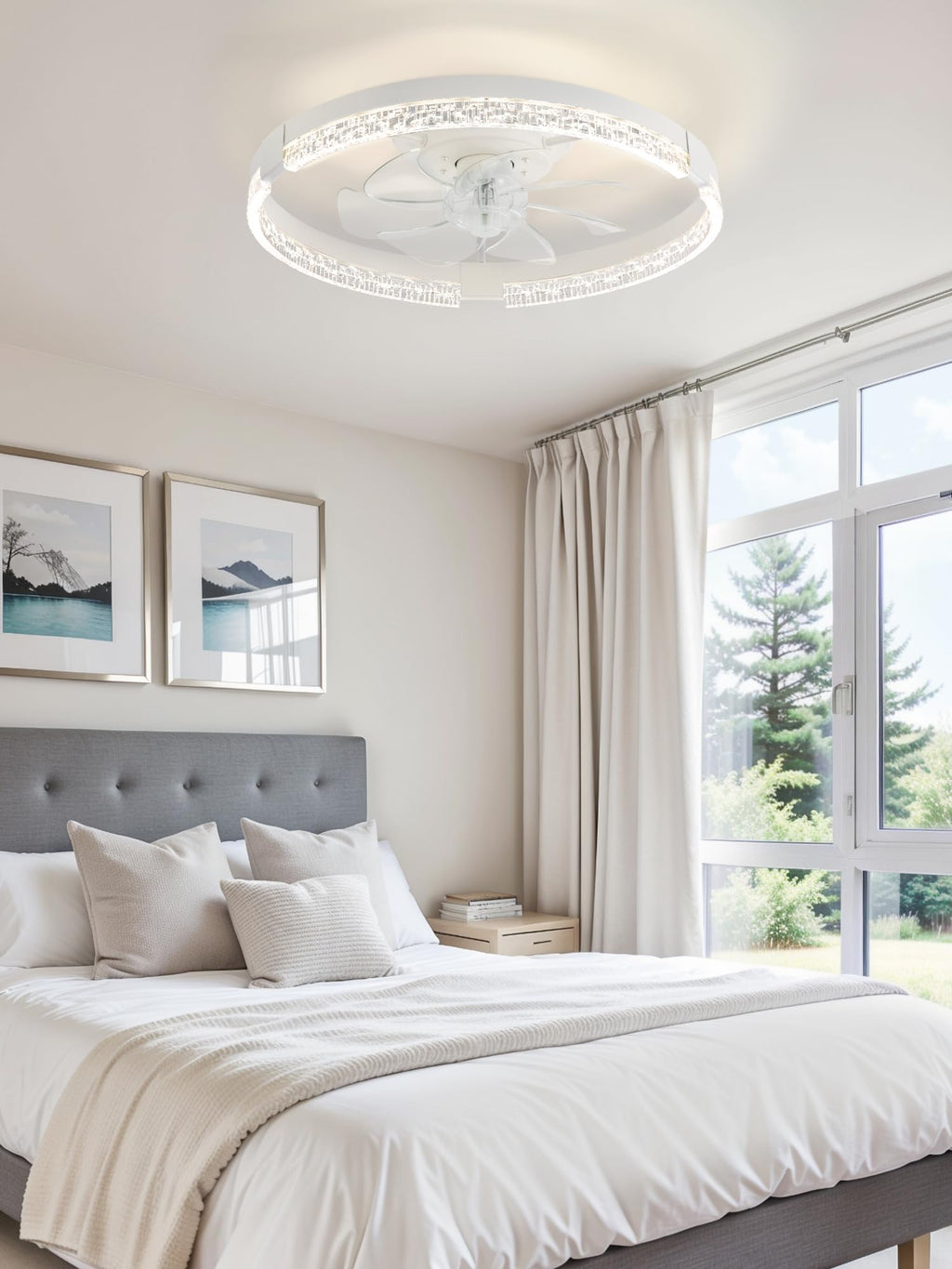 LEDIARY Flush Mount Ceiling Fan with Lights and Remote, 19.7'' Low Profile, 3000-6000K Dimmable Fandelier, 6 Wind Speeds, White Modern LED Fan Light for Bedroom