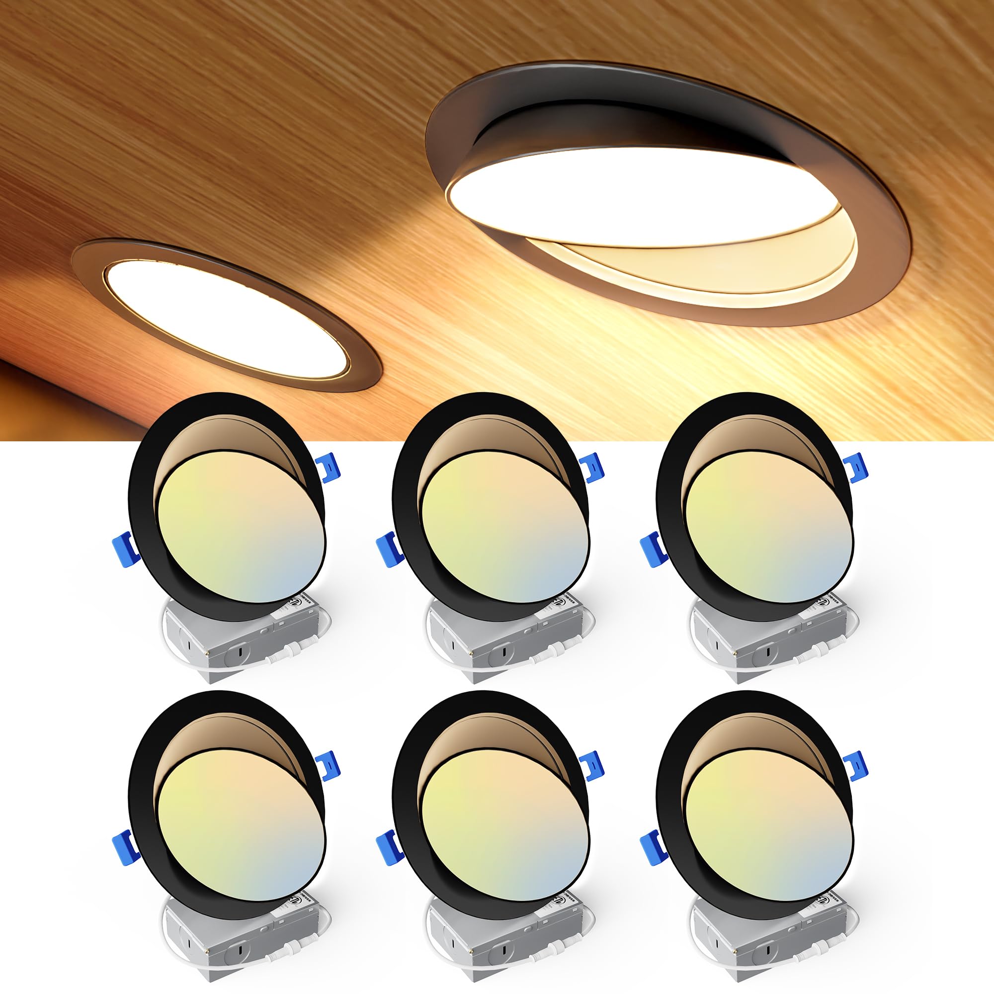 Ensenior 6 Pack 6 inch Black Gimbal Led Recessed Light, 5CCT 2700K-5000K, 360°+90° Rotatable, Dimmable, Aluminum, CRI90+, 1300LM 12W 120V, Eyeball Recessed Lighting, Directional Can Light, ETL&FCC