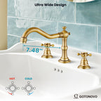 gotonovo Bathroom Faucet 3 Hole 8 Inch Widespread Bathroom Sink Faucet 2 Cross Handles Vintage Lavatory Vanity Mixer Tap with Pop Up Drain, H C Label, Antique Brass