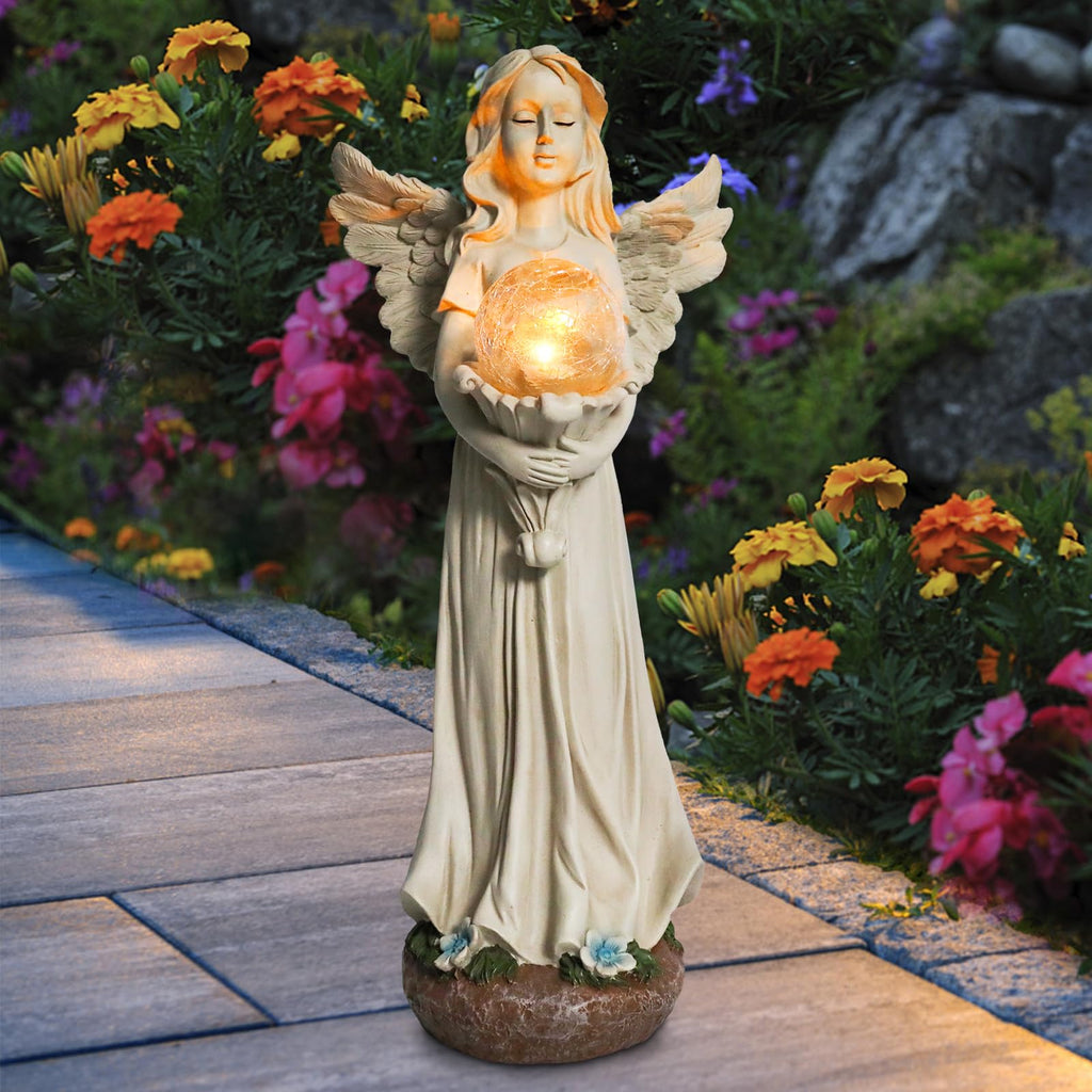 Garden Angels Outdoor Statue, Solar Angel with Crackled Glass Globe