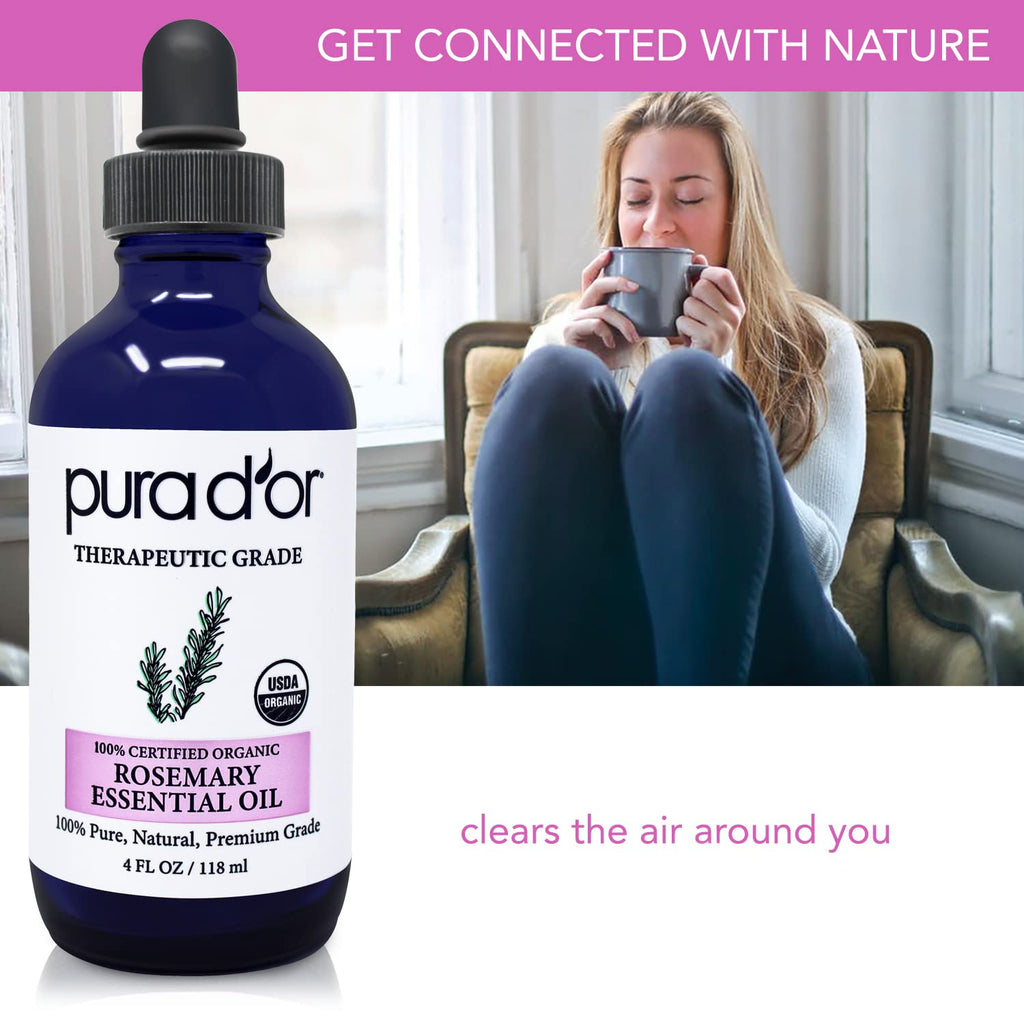PURA D'OR Organic Rosemary Essential Oil, 4oz, Therapeutic Grade, for Hair, Body, Skin, Aromatherapy, Relaxation, Massage, Mood, Relief, Home, DIY Soap
