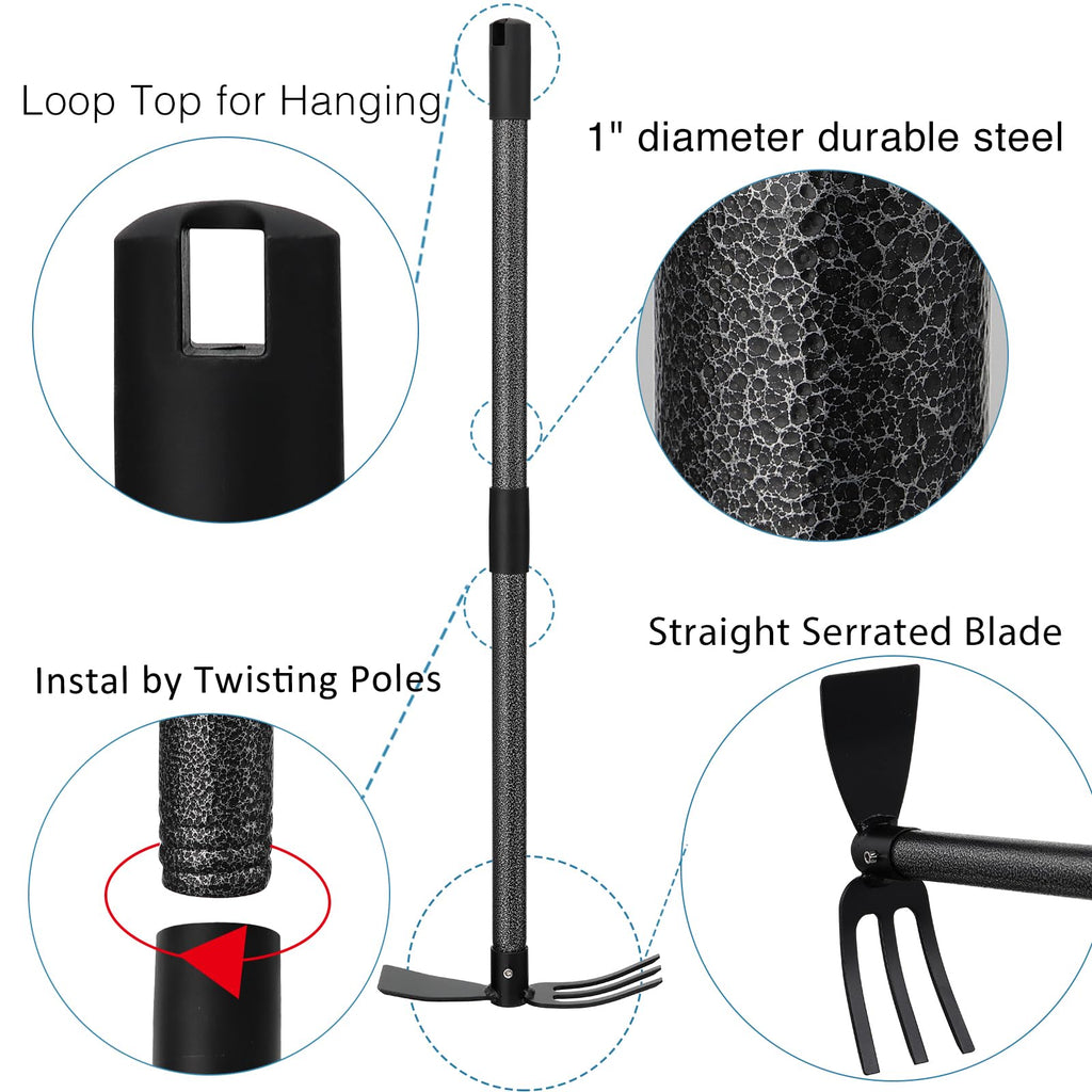 Hoe and Cultivator Gardening Hand Tools, Heavy Duty Stainless Steel Garden Hoe and 3 Fork Hand Tiller for Gardening Weeding Planting with Adjustable Handle 45 inch