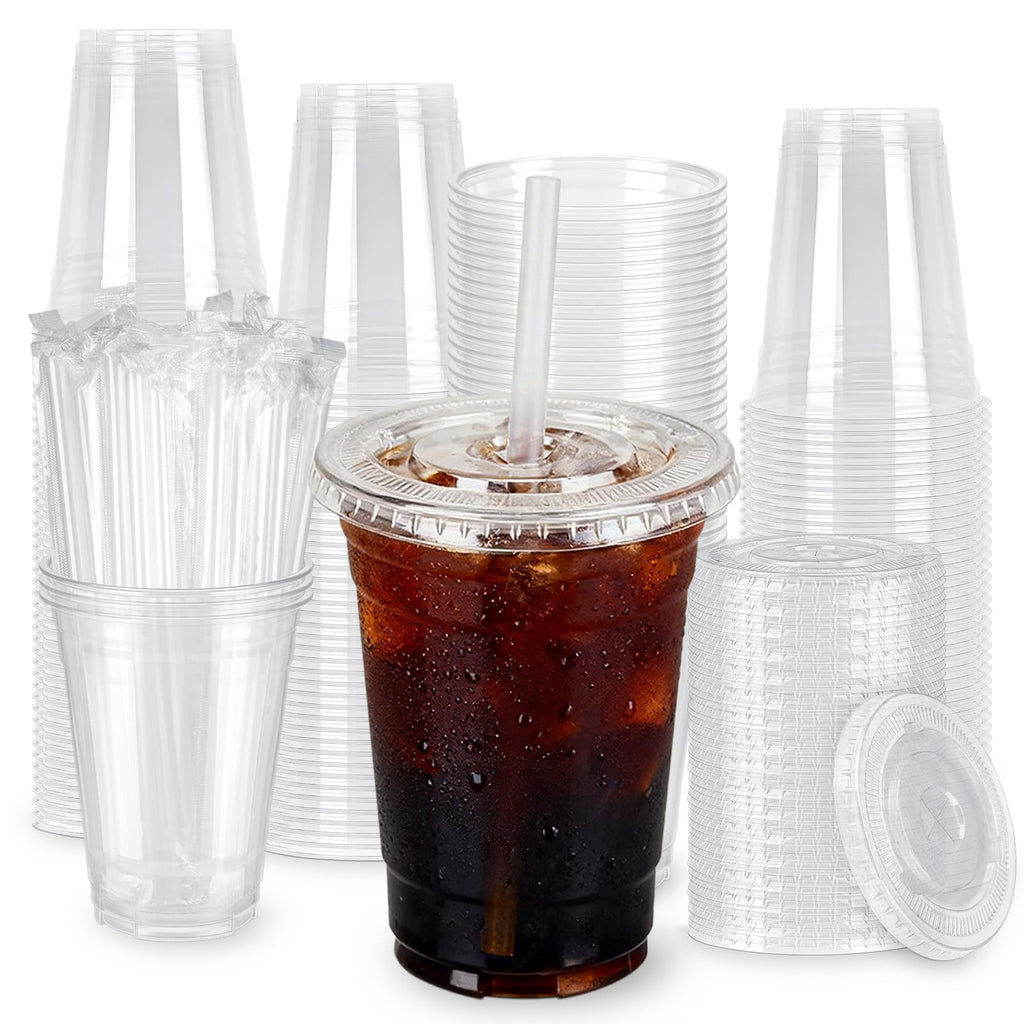 Lideropa 100 Pack 16oz Clear Plastic Cups with Lids and Straws, Leak-Proof Disposable Iced Coffee Cups, BPA-Free Recyclable PET To-Go Cups for Smoothies & Cold Drinks