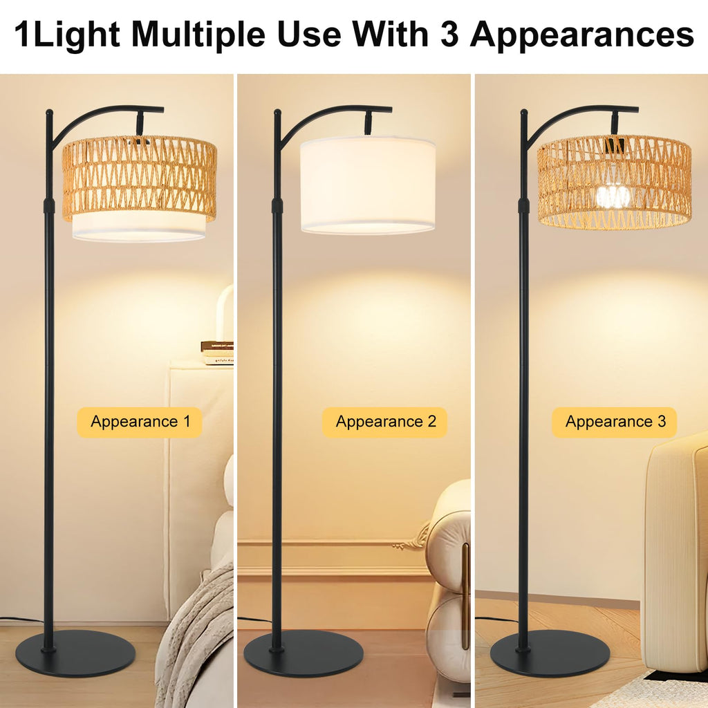 DRAWNCAT Rustic Black Farmhouse Floor Lamp with Woven Rattan Shade - 12W LED, Remote & Dimmable 3-Color Temp, Tall Standing Lamp for Living Room