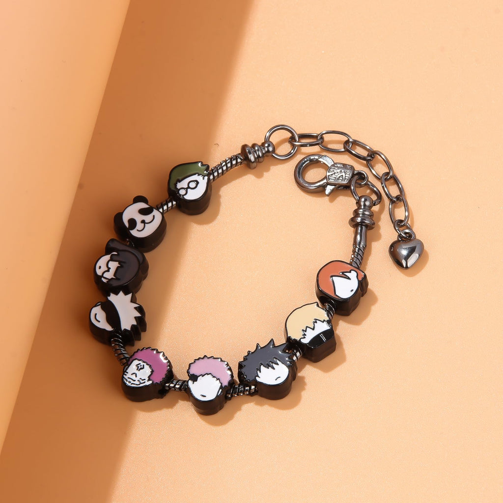 SONGCHANGJEWELRY DIY JJK Charm Bracelet Gifts – 9 Mini Anime Faces in Chibi Style – Gojo, Yuji, Sukuna, Panda & More – Removable Alloy Chain for Fans and Collectors