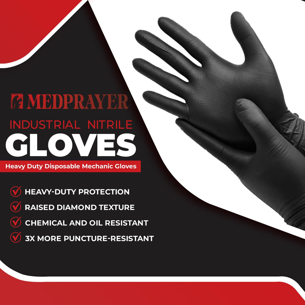 MEDPRAYER Industrial Nitrile Gloves – Heavy Duty Disposable Mechanic Gloves with Diamond Texture, Latex & Powder Free, 8 Mil Black 100 pcs S
