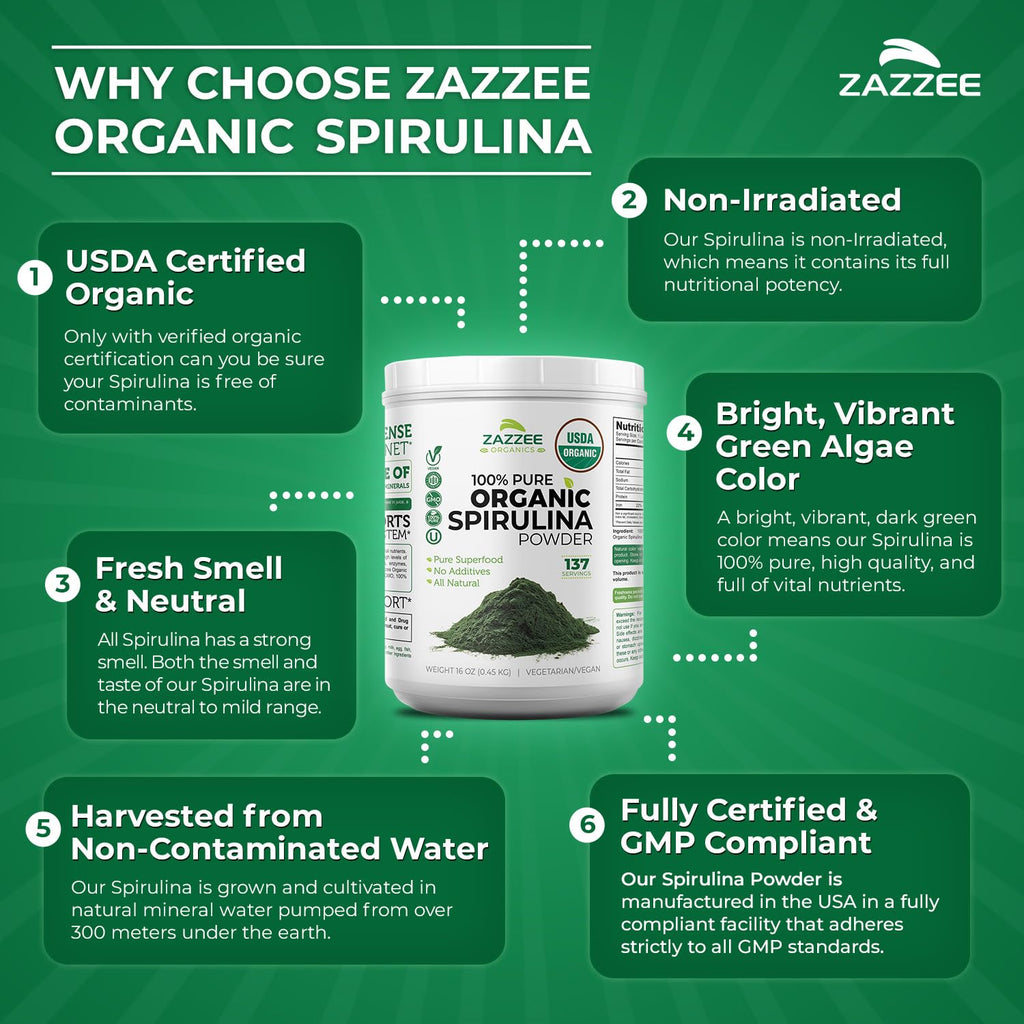 Zazzee USDA Organic Spirulina Powder, 16 Ounces (1 LB), 137 Servings, Certified Kosher, 100% Pure, Non-Irradiated, Mess-Free Wide Mouth Container, Fresh Smell and Neutral Taste, Non-GMO, Made in USA