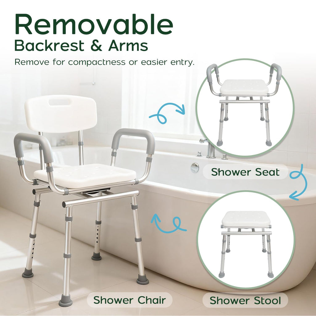 Swivel Shower Chair with Arms and Back, 450lbs Heavy Duty Shower Chair for Elderly and Disabled, Handicap Shower Chairs for Inside Shower Stool & Bath Tub Seat for Adults