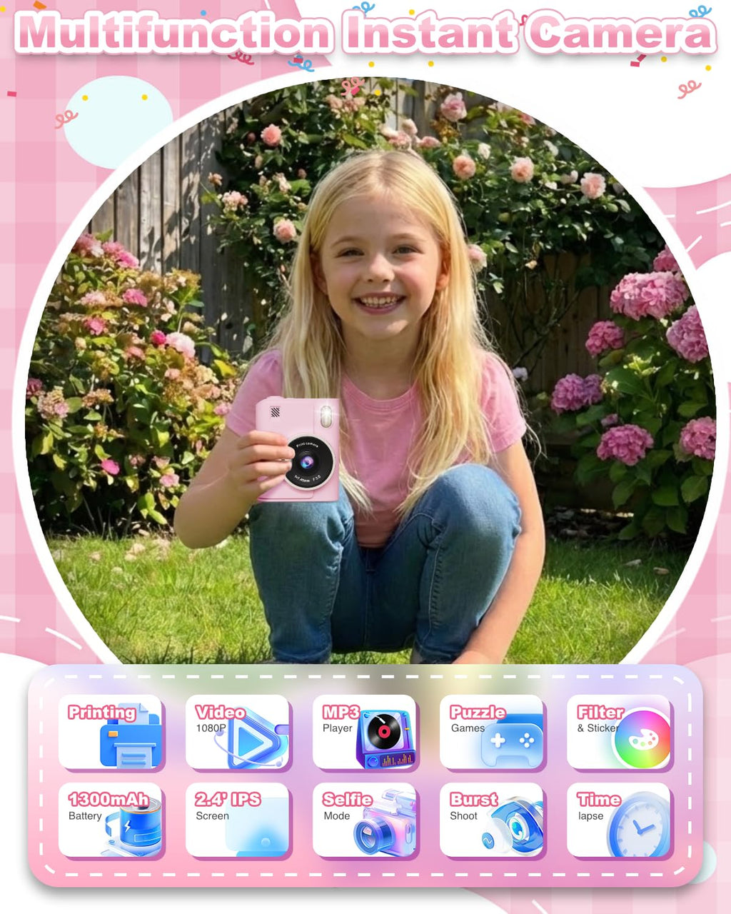 Instant Print Camera for Kids, 1080P Instant Digital Print Cameras for Toddler, Portable Toy for 4 5 6 7 8 9 10 Year Old Girl, Christmas Birthday Gifts for Girls Boys with SD Card Pink
