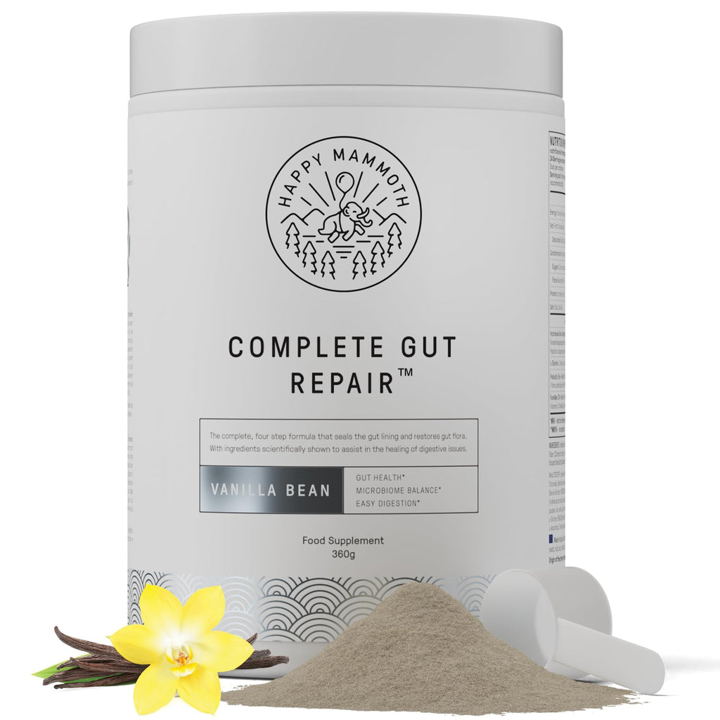 Happy Mammoth Complete Gut Repair Probiotic, Prebiotic, Fiber & Collagen Supplement for Gut Health, Digestion, Healthy Gut Microbiome, Reduces Constipation & Bloating 24 Servings, Vanilla Flavor