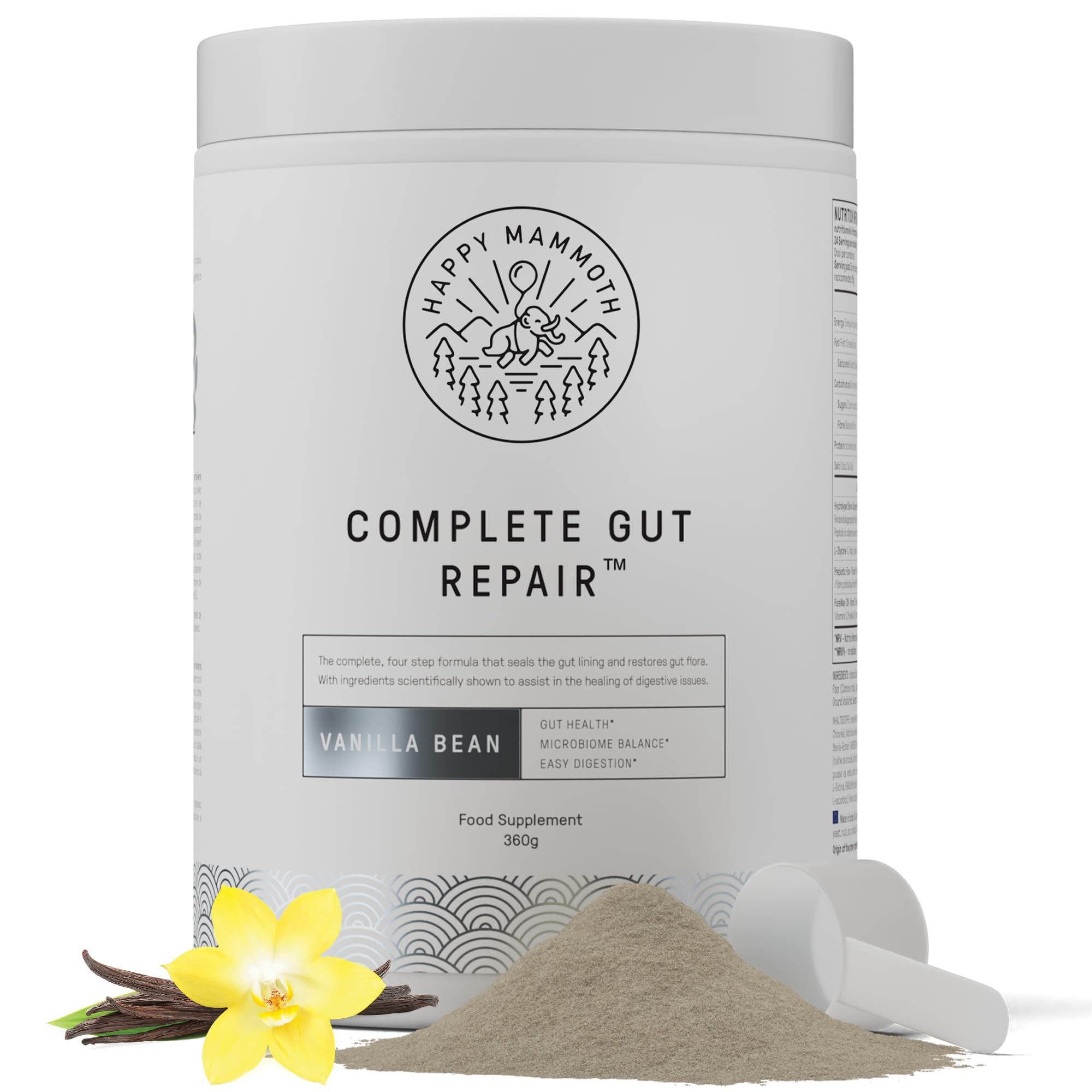 Happy Mammoth Complete Gut Repair Probiotic, Prebiotic, Fiber & Collagen Supplement for Gut Health, Digestion, Healthy Gut Microbiome, Reduces Constipation & Bloating 24 Servings, Vanilla Flavor