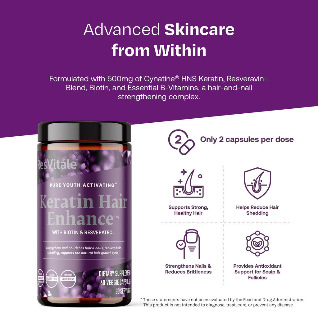 ResVitále Keratin Hair Enhance - Keratin Supplement for Hair Growth - 60 Capsules