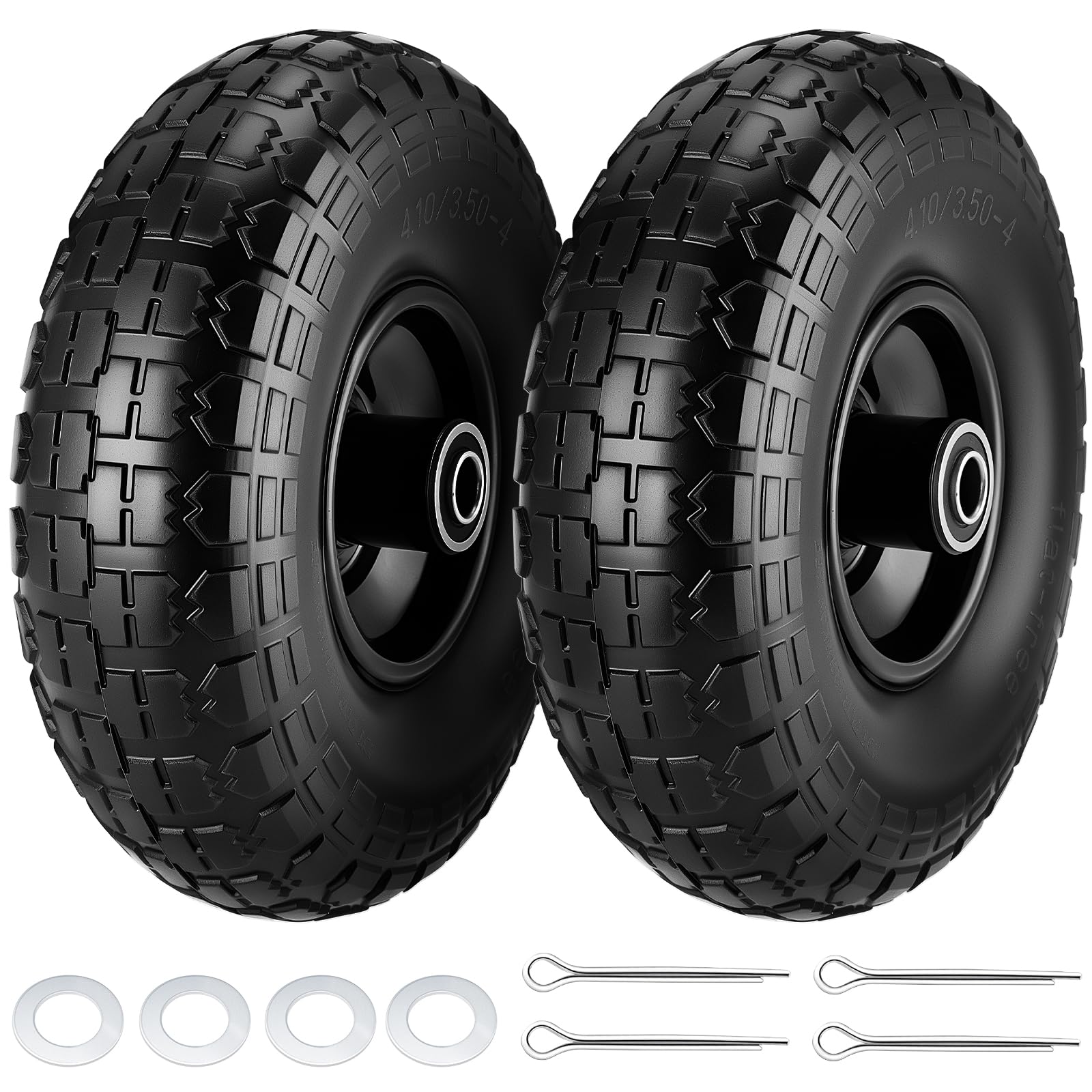 2 Pcs 4.10/3.50-4" Tire and Wheel Flat Free, 10 Inch Solid Rubber Tires with 5/8" Axle Bore Hole, 2.2" Offset Hub for Hand Truck, Wheelbarrow, Gorilla Cart, Garden Wagon Cart, Dolly, Utility Cart