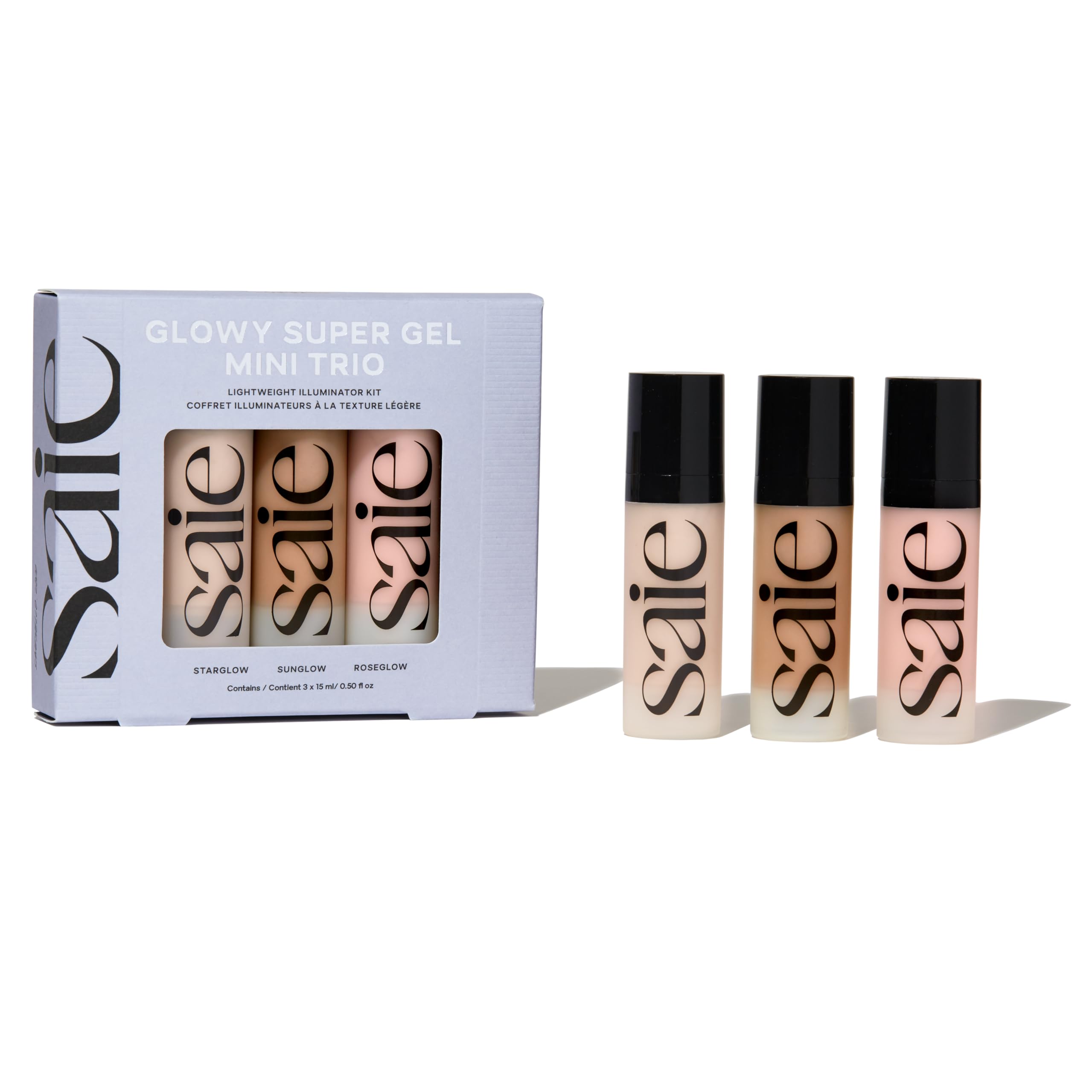 Saie Mini Glowy Super Gel Trio Gift Set - Lightweight Makeup Primer & All-Over Liquid Highlighter for Instant Glowy, Glass Skin - With Glycerin & Squalane - Starglow, Roseglow & Sunglow (0.5 oz Each)