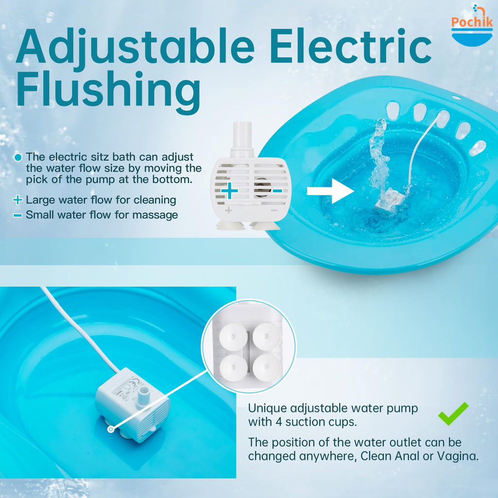 Pochik Sitz Bath, Electric Sitz Bath for Hemorrhoids, Sitz Bath for Toilet Seat, Postpartum Care, Automatic Flushing, Sits Bath Kit for Women, Unisex Sitz Bath Seat for Soak, Collapsible, Deeper Bowl