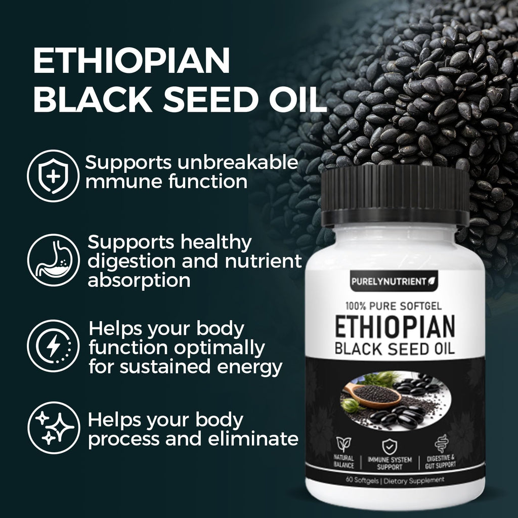 TUVAAZ PURELYNUTRIENT Ethiopian Black Seed Oil Capsules with 4.64% Thymoquinone, Immune Support & Digestion & Energy Booster, Non-GMO, Gluten-Free, 60 Count