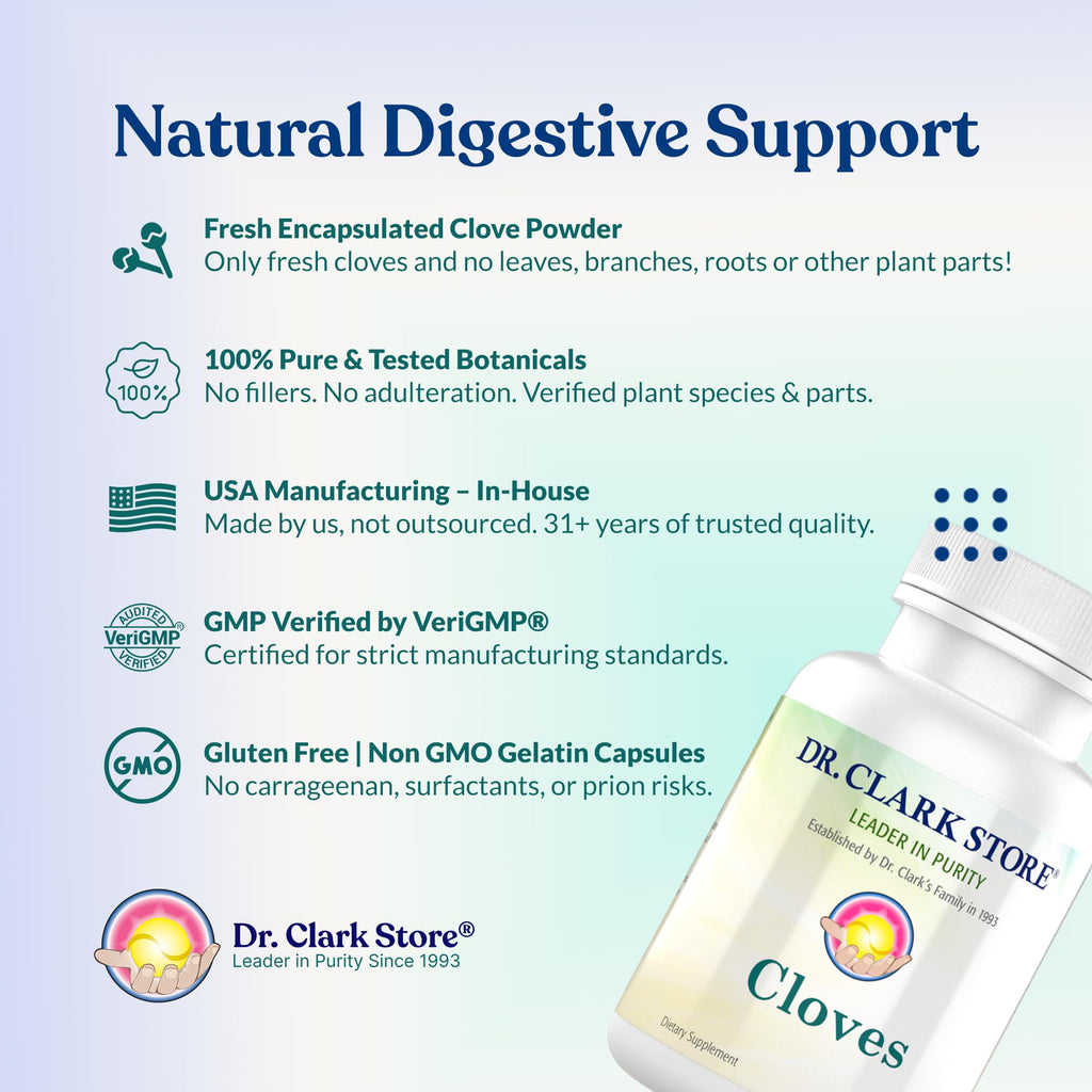 Dr Clark Store Cloves Supplement 500mg for Digestive Comfort and Balanced Internal Cleansing Support, 100 Gelatin Capsules for a 100-day Supply of Pure Botanical Wellness, Non-GMO and Gluten Free