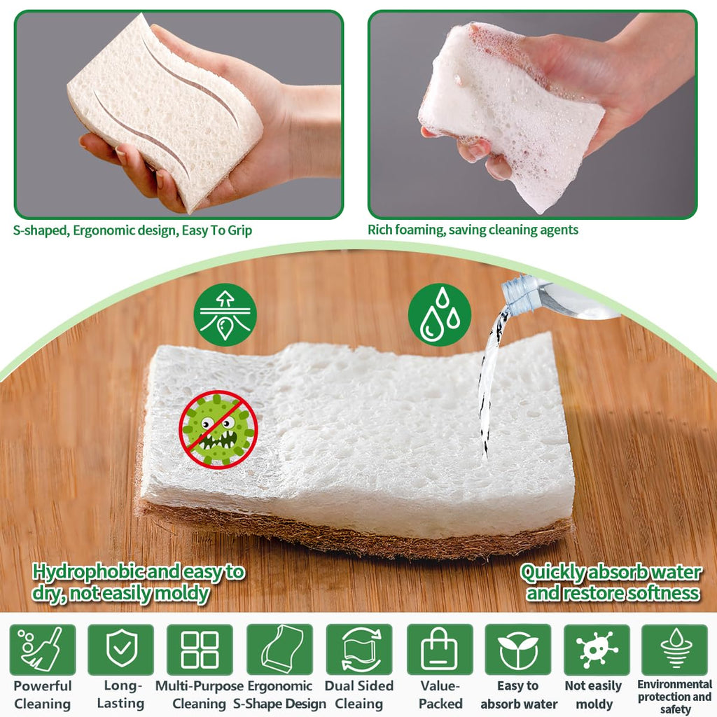 Sponges Kitchen Natural Dish Sponge Plant-Based Biodegradable Compostable Cellulose with Coconut Scrubber Sponge Non Scratch Eco Friendly Kitchen sponges for Kitchen Dishes（Pack of 24）