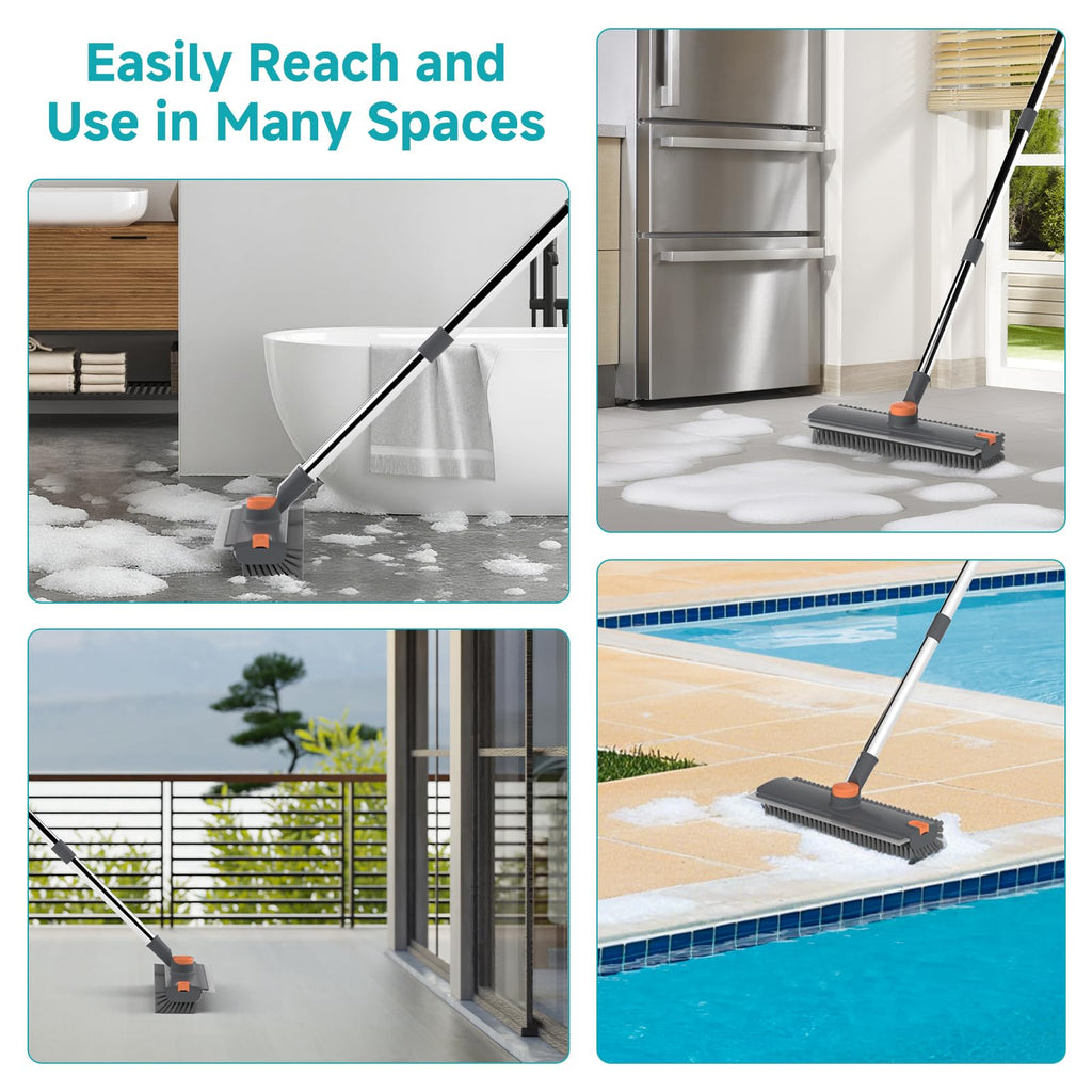 Floor Scrub Brush with Long Handle Length Adjustable, 3 in 1 Heavy-Duty Stiff 90° Bristle Floor Scrubber Broom with Squeegee, Cleaning Brush for Bathroom, Garage, Kitchen, Tile, Deck & Patio (Gray)