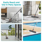Floor Scrub Brush with Long Handle Length Adjustable, 3 in 1 Heavy-Duty Stiff 90° Bristle Floor Scrubber Broom with Squeegee, Cleaning Brush for Bathroom, Garage, Kitchen, Tile, Deck & Patio (Gray)