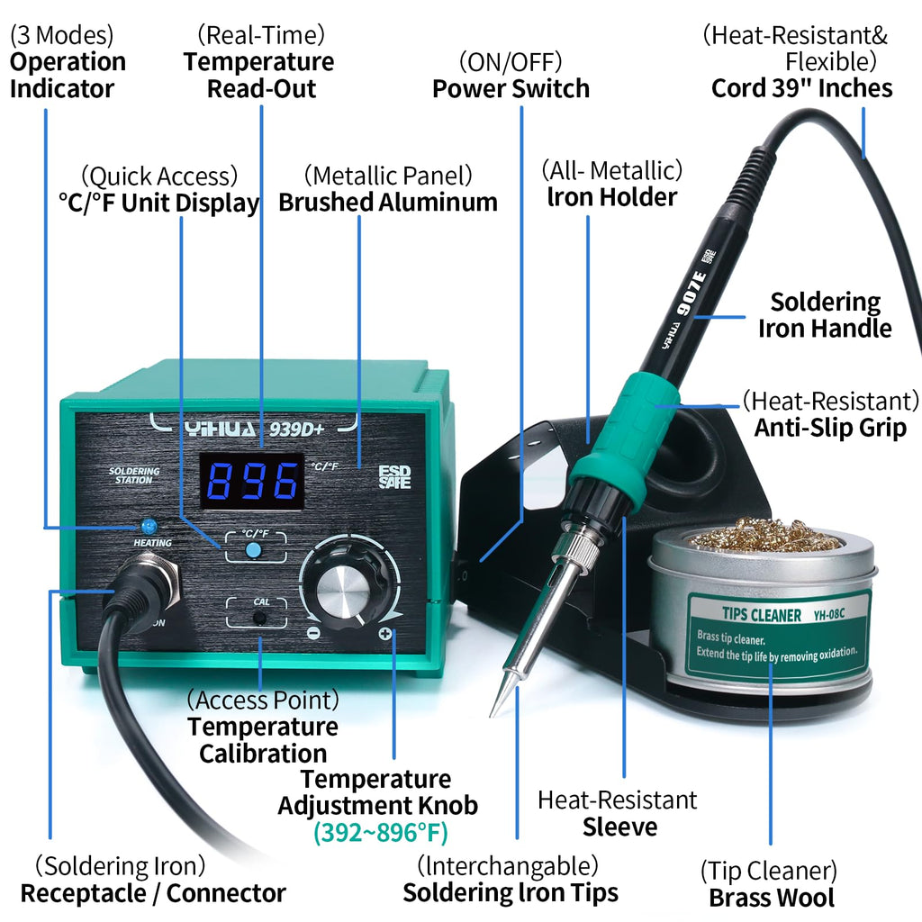 YIHUA 939D+ Digital Soldering Station, 75W Equivalent with Precision Heat Control (392°F to 896°F) and Built-in Transformer. ESD Safe, Lead Free with °C/°F display (Green)