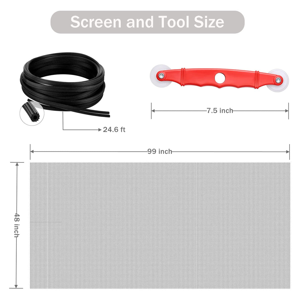 SAKURRY Window Screen Replacement Kit, 48'' x 99'' Fiberglass Screen Mesh with Rolling Tool and Screen Retainer Spline, DIY Adjustable Screen Door Mesh for Window, Door and Patio, Gray